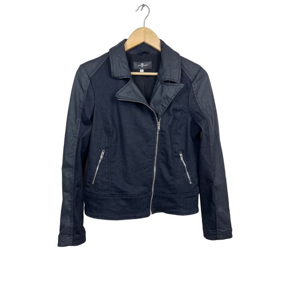 7 for All Mankind Black Denim Faux Leather Zip-up Moto Jacket size L - Picture 2 of 9